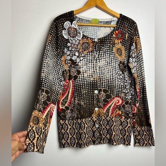 Prima Bella VTG Y2K SZ M Artsy Long Sleeve sequins Fall Paisley Cardigan Sweater - Picture 4 of 14